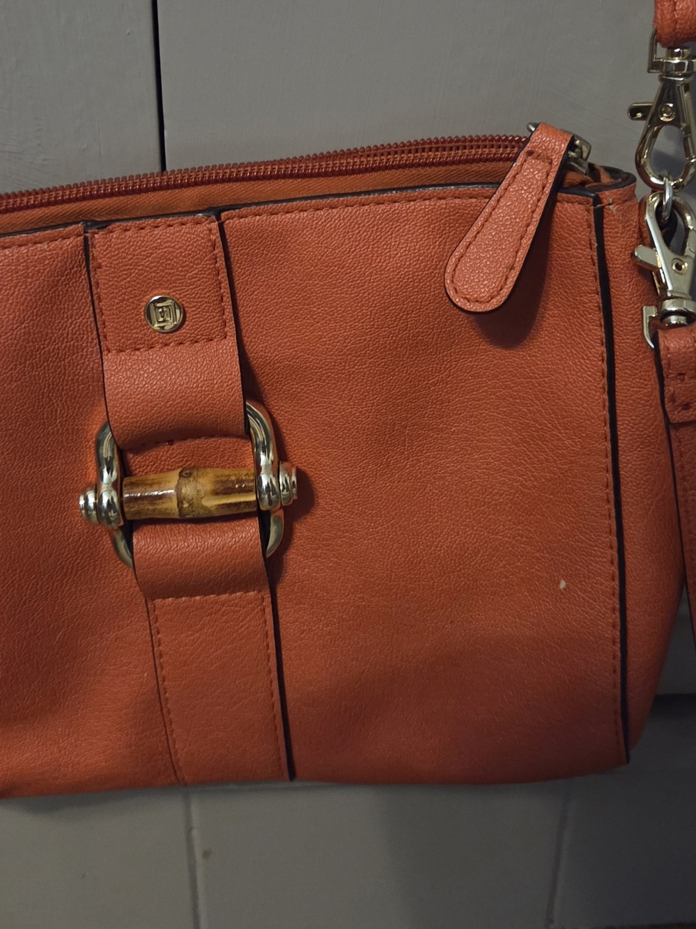 Liz Claiborne Orange Leather Crossbody Bag with Bamboo Accent